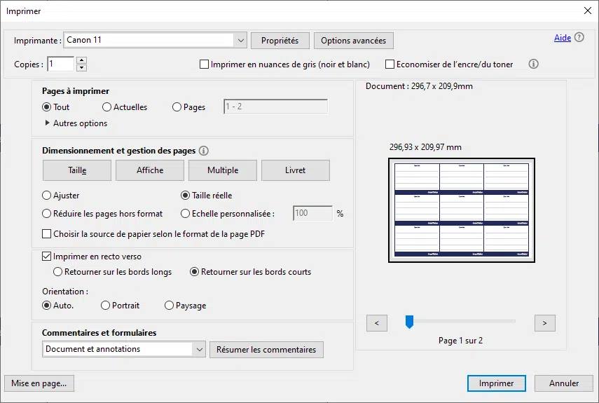 Explication sur l'impression des flashcards en recto-verso.