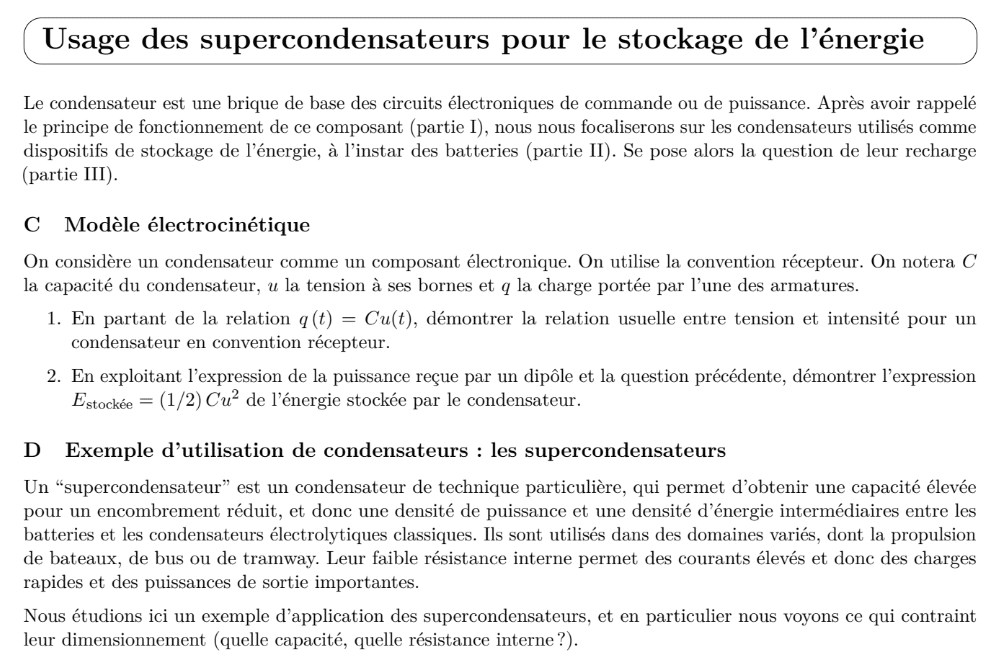 French document page titled 'Usage des supercondenseurs pour le stockage de l’énergie'; introduces capacitors and their use, with sections 'Modèle électrocinétique' and 'Exemple d’utilisation des supercondenseurs' including a short numbered list.