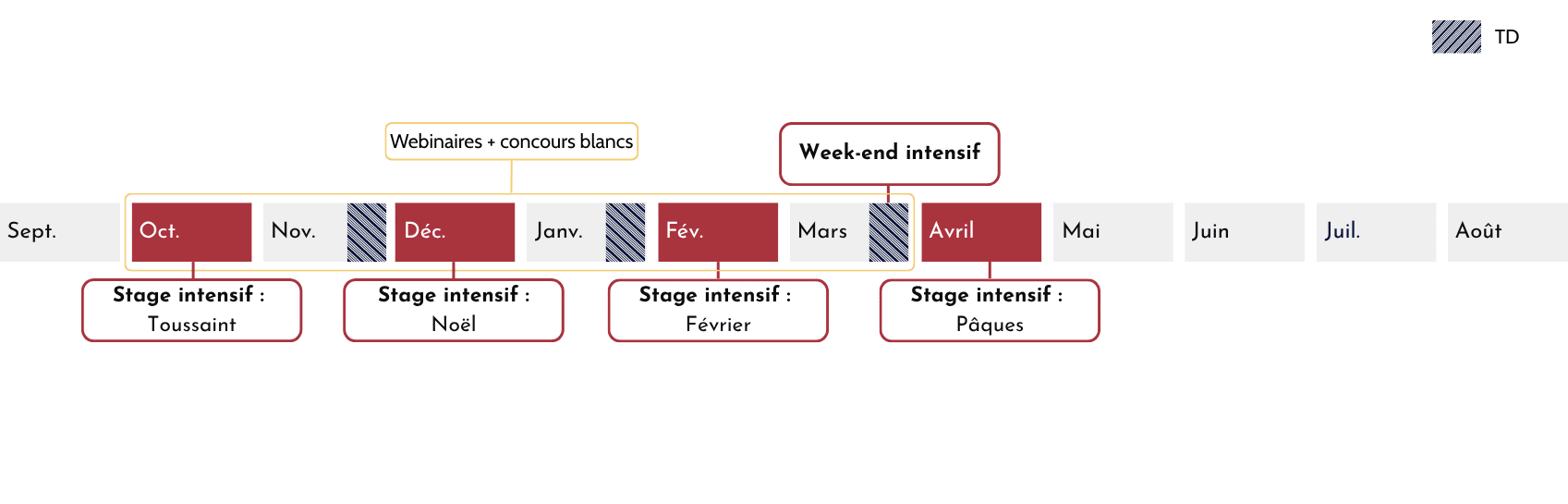 Infographic timeline of months with highlighted 'Oct.' and other red blocks, plus bubbles naming 'Stage intensif' months (Toussaint, Noël, Février, Pâques) and a TD logo top-right.